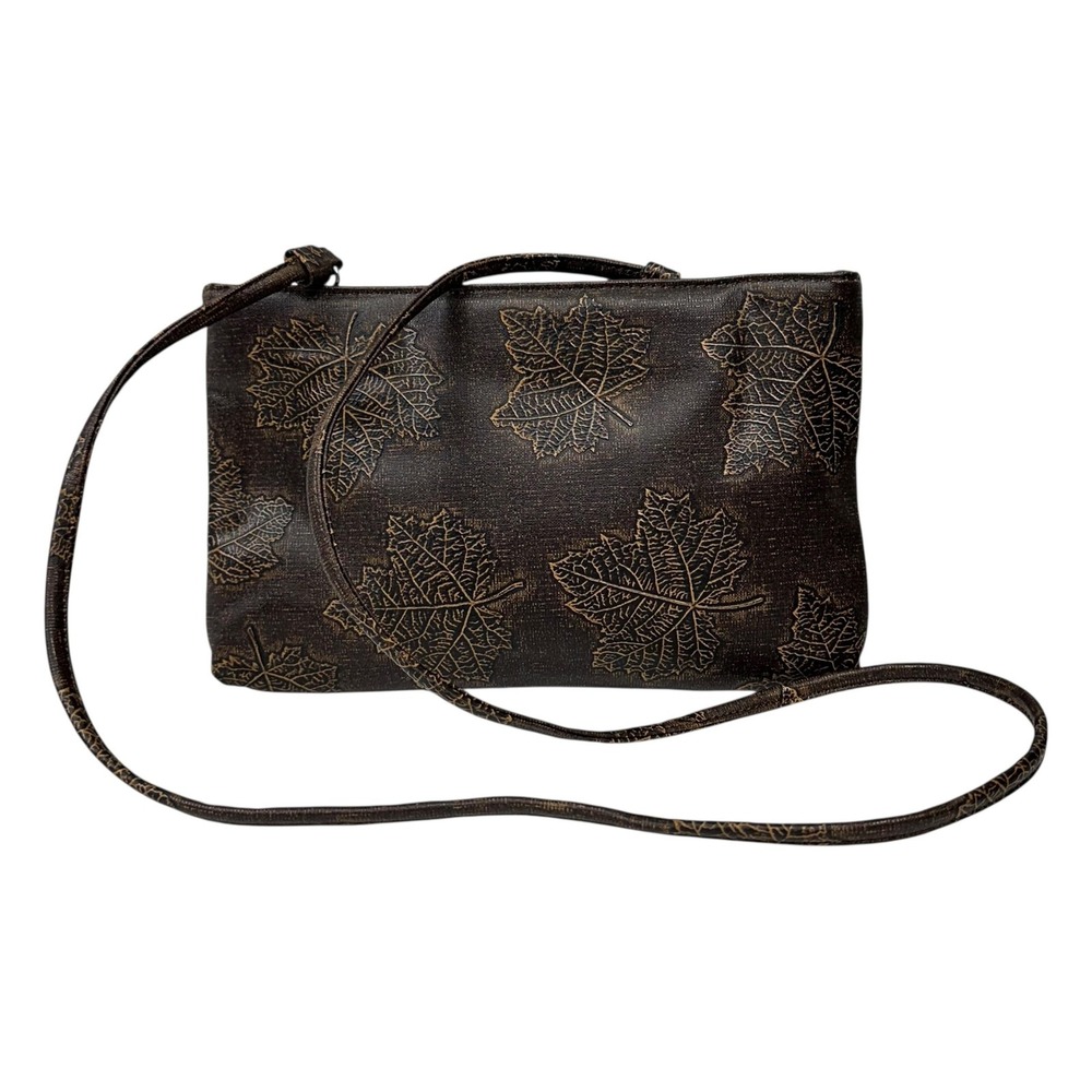 VTG Leaf Print Crossbody Clutch Bag Womens Brown Faux Leather Maple Leaves Purse